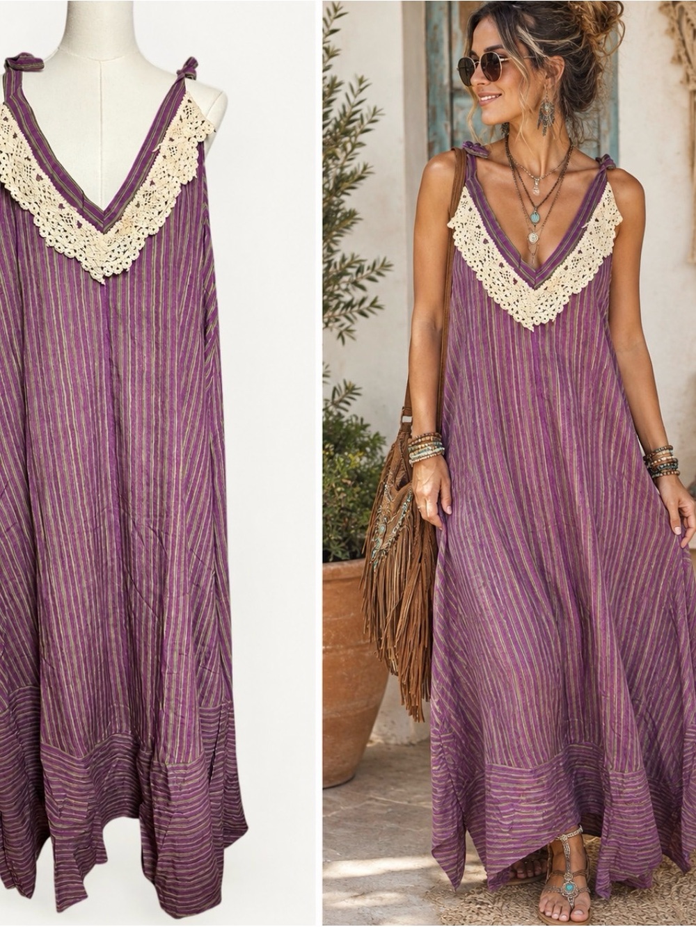 A Rare Bird - Purple Striped Maxi Dress with Crochet V-Neck